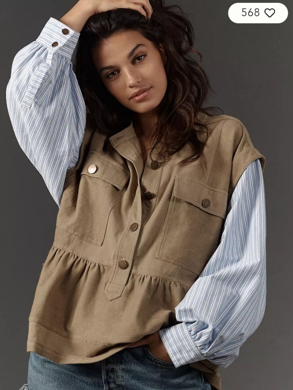 Pilcro Taupe Utility Pullover with Light Blue Striped Sleeves